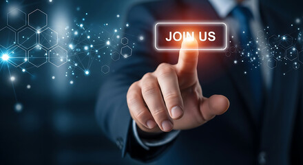 Poster - Businessperson's finger touching join us button with glowing futuristic digital background