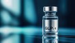 © KarpenArt Studio - a clear glass vial labeled 'glp-1' stands prominently on a reflective surface with a blurred blue background, suggesting a pharmaceutical or medical context.