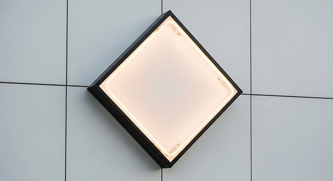 Diamond-Shaped Sign with Black Frame Mounted on a Modern Wall, Modern Geometric Illuminated Sign on Architectural Gray Panel Wall