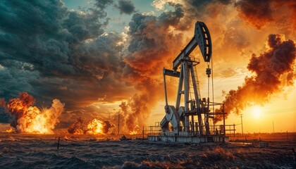 Wall Mural - a towering oil pumpjack silhouetted against a dramatic, fiery sunset and billowing smoke evokes a sense of both industrial power and environmental consequence.