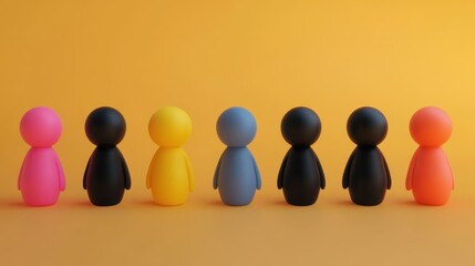 Poster - A row of colorful plastic figurines in a playful arrangement against a bright yellow background, highlighting individuality and creativity in design.