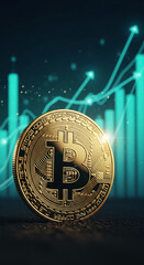 Poster - Close-up of gold Bitcoin cryptocurrency coin against teal upward trending graph background, symbolizing growth and digital currency investment