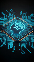 Poster - AI concept image featuring a microchip with glowing blue circuitry and an AI symbol within a head silhouette, representing artificial intelligence and technological advancement