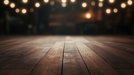 Poster - A peaceful scene showcasing a warm wooden floor illuminated by soft glowing lights in the background. This intimate setting offers a rustic charm perfect for enhancing any interior design project.