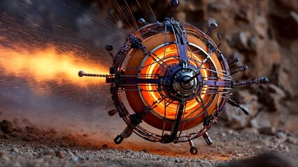 Poster - Fiery Orb: A futuristic sphere hurtles across a desolate landscape, propelled by intense flames and sparks.