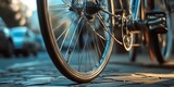 Close-up view of a bicycle wheel at dusk, showing the intricate spokes and reflective rim against an urban backdrop.