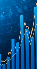 Aufkleber - Blue bar graph rising with upward trend line, showcasing financial growth and business success, ideal for financial reports or presentations