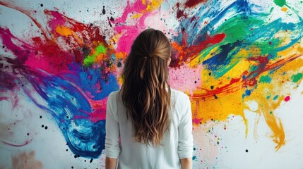 Poster - A woman stands with her back to the viewer, admiring a vibrant abstract mural on the wall. The colorful artwork features dynamic brushstrokes and splashes that convey creativity and emotional