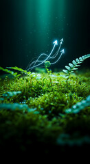 Poster - Green fern sprout with glowing upward arrows, nestled in lush moss, representing growth, progress, and upward trend, ideal for business or environmental concepts