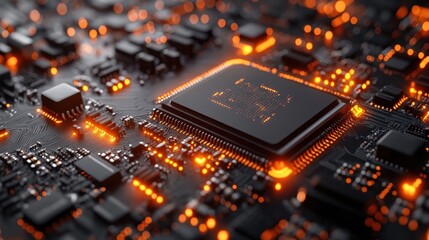 Fototapete - Close-up view of a circuit board showcasing an intricate design with glowing components and a central microchip, representing modern technology and innovation.