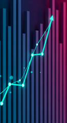 Poster - Abstract 3D graphic of teal upward trend line on dark blue-purple bar chart background, symbolizing growth, success, and positive development