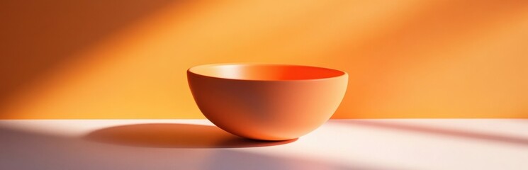 Poster - This beautiful orange bowl sits elegantly on a white surface, illuminated by soft light against a warm background, creating a stunning visual effect perfect for modern interiors.