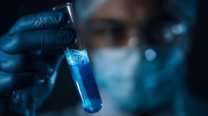 Poster - Scientist holding a test tube with blue liquid in a laboratory