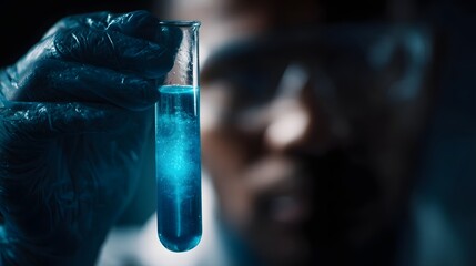 Poster - Scientist holding a test tube with blue liquid in a laboratory