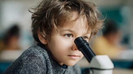 Poster - Child examining specimen through microscope in classroom