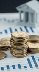 Poster - Stack of golden Bitcoin coins on financial chart, blurred bank building background, illustrating cryptocurrency investment and growth
