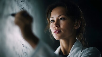 Poster - Focused researcher writing chemical formula on a transparent board in a modern lab setting