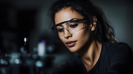 Poster - Scientist adjusting laser equipment in optics lab with precise lighting