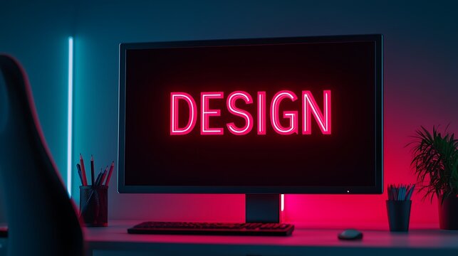A modern workspace with a computer screen displaying the word 