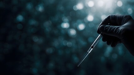 Poster - A close up view of a hand holding a lab pipette under sharp sterile lighting  long title A close up high  view of a gloved hand carefully holding a