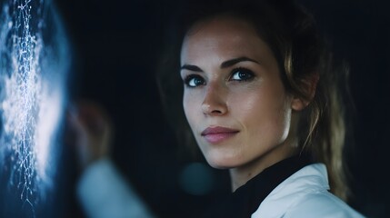 Poster - Female scientist examining molecular structure on computer monitor