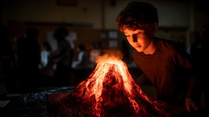 Poster - Student presenting a volcano eruption model at a science fair