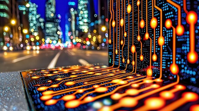 Illuminated Circuit Board Against Blurred Cityscape at Night