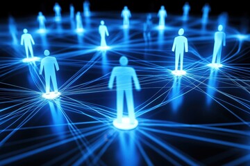 Poster - This digital artwork depicts human figures connected by glowing lines, symbolizing interaction and communication in a modern virtual network. Perfect for illustrating concepts of connectivity and