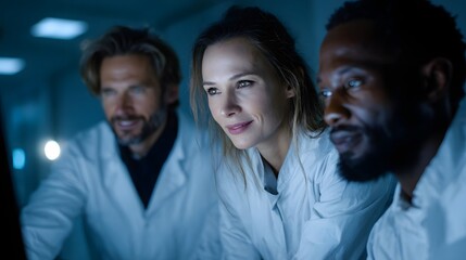 Poster - A research team discussing lab results over a digital screen in a professional environment  long title A diverse group of researchers collaborating