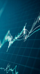 Poster - Close-up of teal stock market graph on digital screen, showing upward trend lines and candlestick charts, representing growth, investment, and financial success