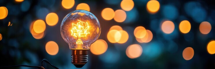 Poster - A vintage light bulb emits a warm glow, surrounded by artistic bokeh lights. This image captures the essence of creativity and ambiance for various settings.