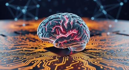 Fototapete - Translucent brain model on circuit board, glowing red, symbolizes artificial intelligence, neural networks, technology, and futuristic concepts