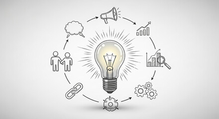 Poster - Sketch of lightbulb with surrounding icons symbolizing teamwork, marketing, analysis, and process optimization, representing brainstorming, innovation, and business strategy