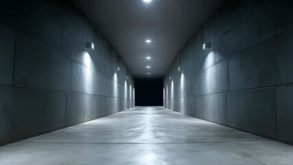 Poster - A long, dark tunnel with lights on the ceiling. The tunnel is empty and the lights are on, creating a sense of emptiness and solitude. The walls are made of concrete