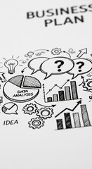 Poster - Hand-drawn business plan sketch including charts, graphs, lightbulb, speech bubbles, gears, representing planning, strategy, and data analysis, ideal for business presentations