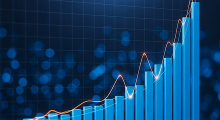 Aufkleber - Blue bar graph with upward trending line, showcasing growth and success in business and finance, ideal for presentations or reports