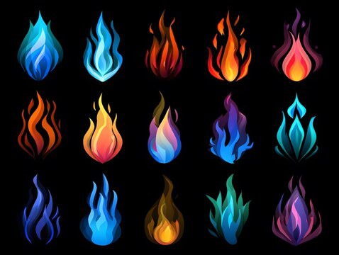 Flame of Art: A collection of artistically rendered flames, each one a unique display of color, shape, and dynamic movement, set against a stark backdrop of black.