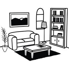 Poster - Clean modern line art illustration of a minimalist living room furniture arrangement ideal for interior design concepts and home decor