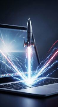 Rocket launching from laptop keyboard, surrounded by energy bursts, symbolizes innovation, technology, and rapid growth, ideal for tech startups or digital marketing