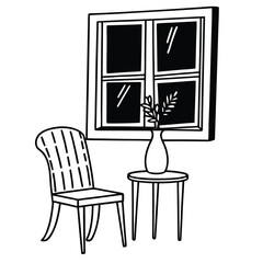 Poster - Minimalist line art illustration of a cozy interior scene featuring a chair a decorative vase and a window