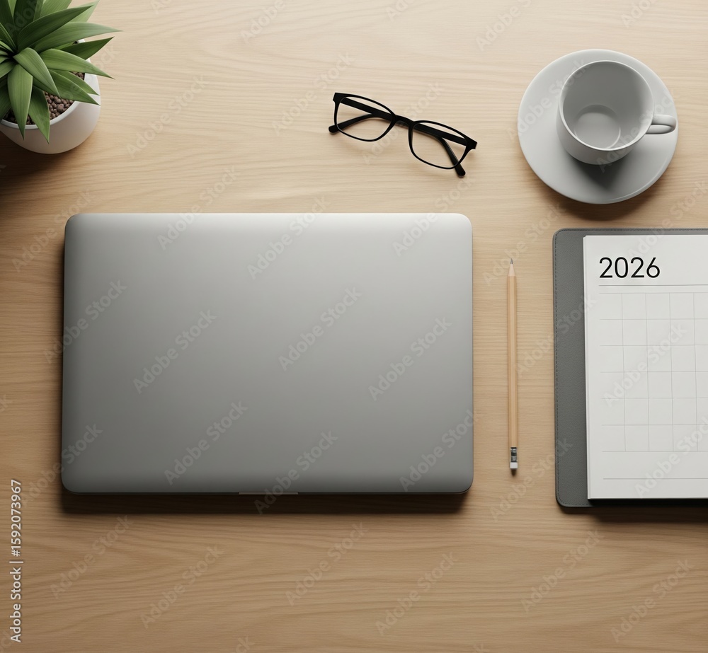 AI Generation Modern workplace without people Office notebook 2026 ...