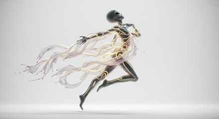 Poster - Abstract figure embodies kinetic energy with flowing light ribbons on white backdrop