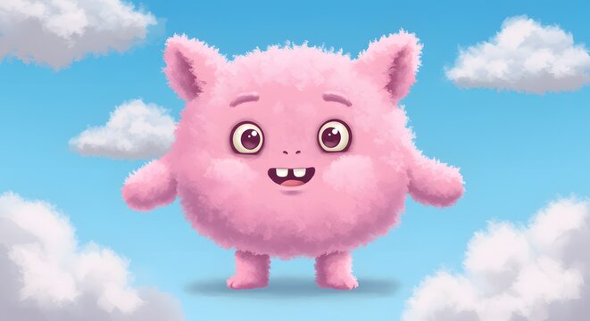 Cartoon illustration of a fluffy, pink, round creature with small ears, arms, and legs, set against a bright blue sky with white clouds.