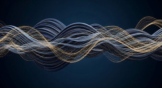 Abstract wavy lines with golden particles flowing on a dark blue background rendering a modern design
