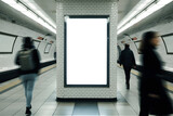 Blank advertising billboard stands ready for placement in a London subway station, surrounded by the blurred motion of commuters.