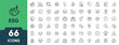 © 66-Icons - ESG Line Icon Set. Set of 66 outline icons including ecology, environment, social impact, governance, sustainability, ethics, and responsibility. Editable stroke. Linear vector illustration.