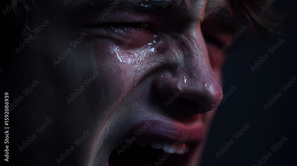 A man crying and screaming, expressing intense emotions related to ...