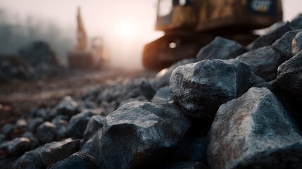 Poster - Mining hinery and extracted ore on a rugged natural landscape