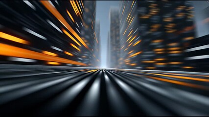 Poster - Futuristic cityscape glowing orange lights blurred motion effect creating dynamic digital environment speed energy vibrant urban