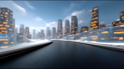Poster - Futuristic cityscape glowing skyscraper sleek road digital wave modern dynamic atmosphere cloudy sky creating illuminated